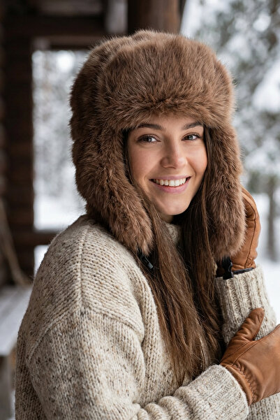 Kapin Kürk Peluş Kulaklı Pilot Şapka Ekstra Yumuşak - kahverengi