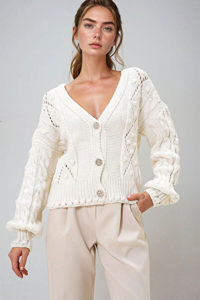 bacc Women's Cream V-Neck Stone Button Thick Knitwear Cardigan Bchesq-251062