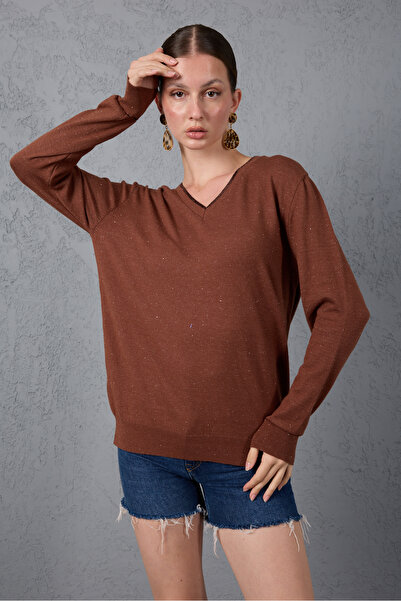 Clothes Fast Women's Brown Glitter Piped V-Neck Glitter Knitwear Blouse