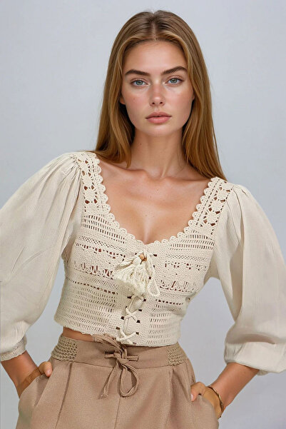 bacc Women's Ecru Oval Neck Lace-Up Front Linen Block Crochet Blouse Bchesq-251102