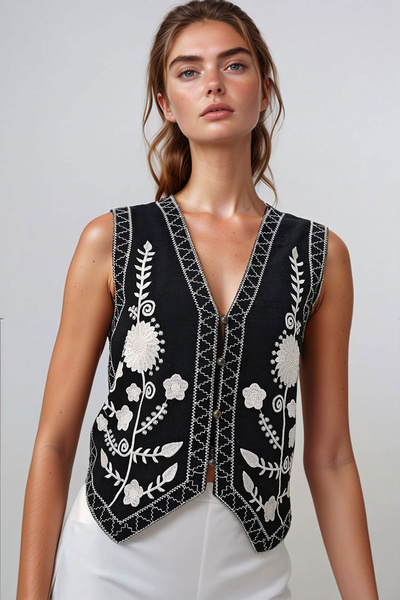 bacc Women's Black Button Detailed Embroidered Linen Vest Bchesq-251067