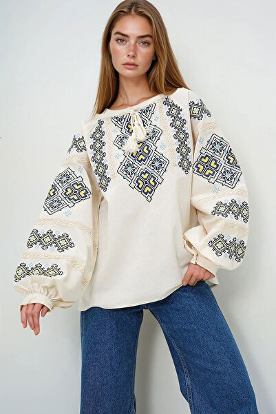 bacc Women's Cream Collar Lace-Up Balloon Sleeve Embroidered Linen Blouse Bchesq-251071