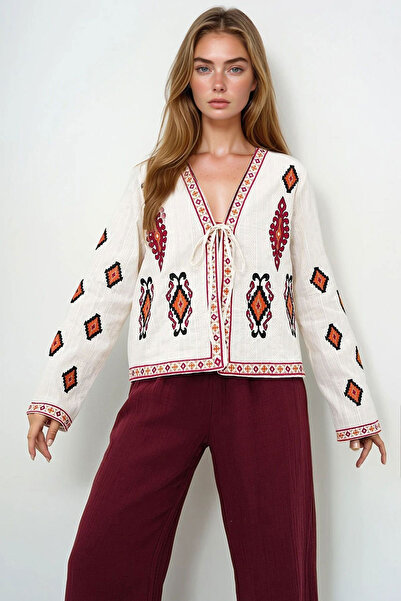 bacc Women's Beige Ethnic Patterned Front Tie Summer Linen Jacket Bchesq-251075