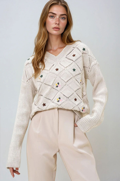 bacc Pulover de tricotat pentru femei, bej, cu decolteu în V, cu model de dia...