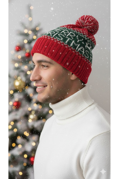 STELLA VESTİNO Simli Kırmızı Ponponlu Yılbaşı Bere | Unisex Kadın Erkek Kışlık Bere