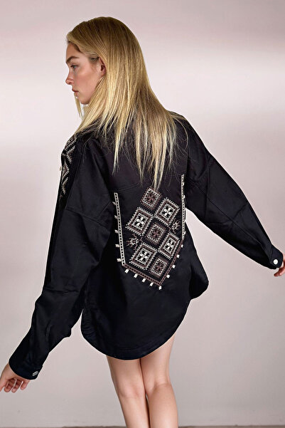 bacc Jachetă de damă neagră din gabardină supradimensionat cu buzunare, cu um...