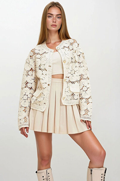 bacc Women's Beige Hakim Collar Lace Jacket Bchesq-251060