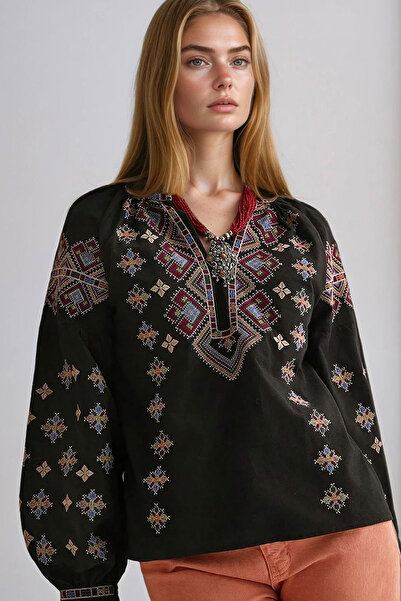 bacc Women's Black Ethnic Patterned Balloon Sleeve V-Neck Blouse Bchesq-251138
