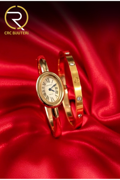 Crc Bijuteri ساعة نسائية ذهبية اللون من الفولاذ بأرقام رومانية وسوار معصم مرصع بأحجار الزركون
