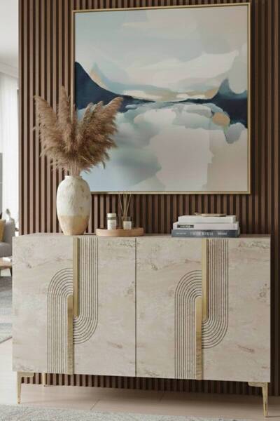 YUMEDİ DESİGN KA1208BTG - DÜNYA KONSOL, TV SEHPASI, ÇOK AMAÇLI DOLAP ve KAHVE KÖŞESİ 120cm BEYAZ-TRAVERTEN-GOLD