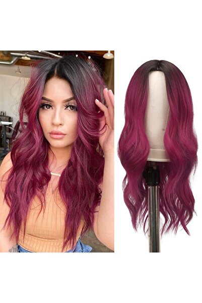 OEM FESHFEN long wavy wig, 55 cm, black to red, with parting, synthetic