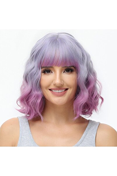 OEM Short bob wig with bangs, synthetic, wavy, for women, ash blonde with purple color