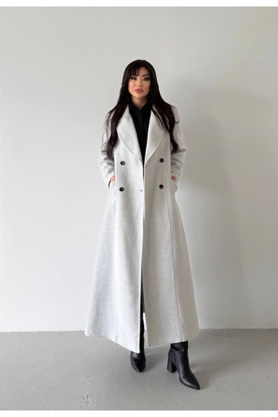 MAXXANA Double-Breasted Long Cashmere Coat with Pockets and Herringbone Pattern Buttons