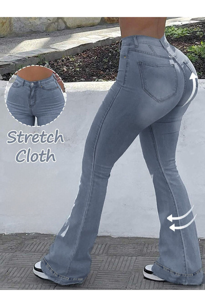 Shevadne Gri Yüksek Bel Likralı İspanyol Paça Jean Toparlayıcı Y2K Vintage Kadın Kot Pantolon