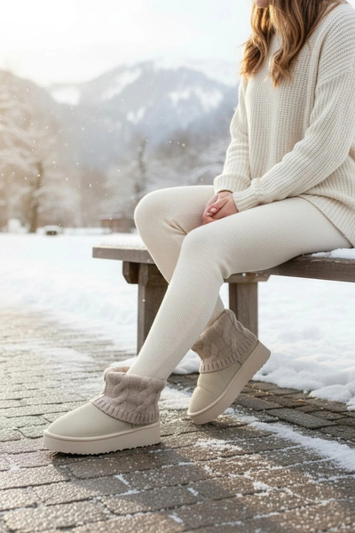 Sivarro Kazaklı Süet Kalın Taban Kışlık İçi Kürklü Kadın Bot - Bej