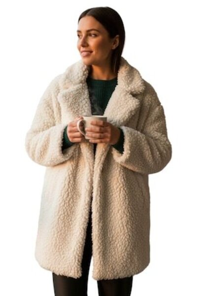 Primark Women's Coat, Premium Faux Fur, Off-White, Oversized, Adjustable Snap, Size 46-48 EU (XL), L