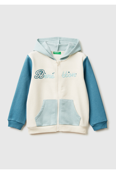 United Colors of Benetton Момичешка суитшърт с качулка, цип, бродерия и пайет...