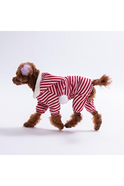 Pawstar ElfStripe Hood Kırmızı Çizgili Şapkalı Triko Tulum Köpek Kıyafeti Ked...