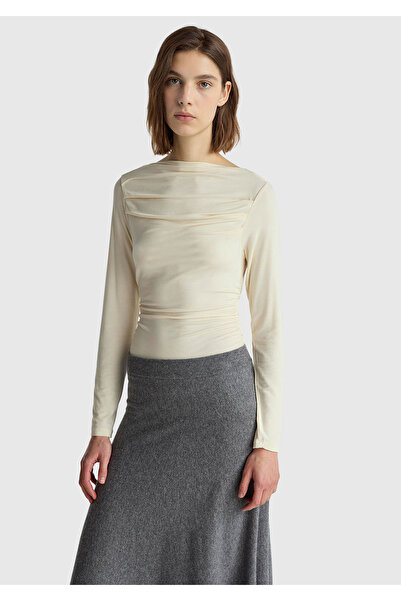 United Colors of Benetton Women's cream modal blend Slim Fit boat neck long sleeve t-shirt