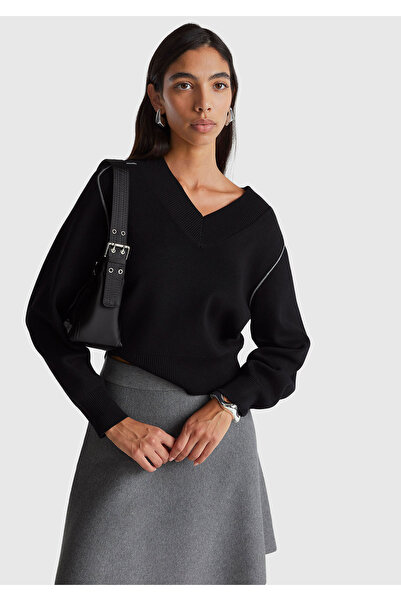 United Colors of Benetton Women's Black Viscose Blend Rib Detailed V-Neck Sweater