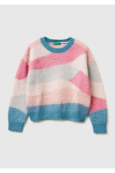 United Colors of Benetton Girl's Petrol Blue-Pink Mix Multi-Colored Patterned Sweater