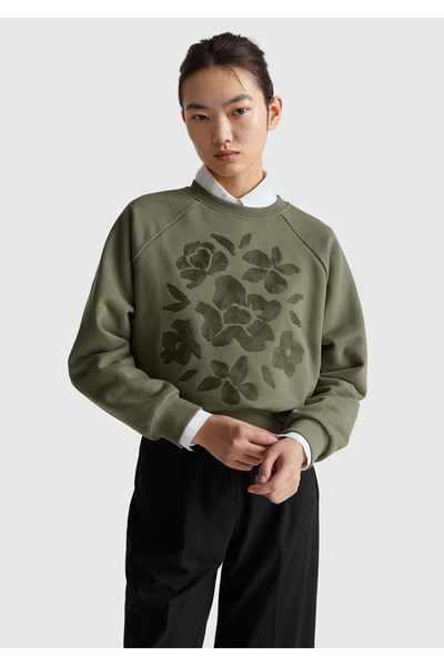 United Colors of Benetton Women's Khaki Cotton Blend Crew Neck Sweatshirt with Floral Pattern on the Front