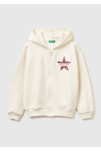 United Colors of Benetton فتاة طفلة إكرو أمامية مزينة بالترتر مع جيب شعار بغطاء رأس مبطن بالصوف سويت شيرت