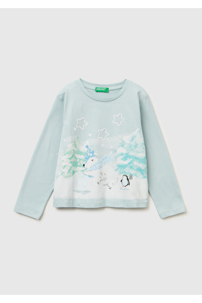 United Colors of Benetton Fete Verde apă Față cu imprimeu Ușor evazat guler r...