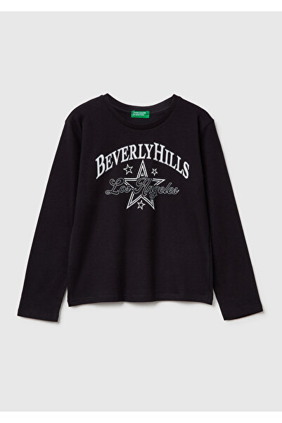 United Colors of Benetton Girl's Black Glitter Front Printed Long Sleeve T-Shirt