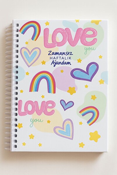 puffypuffy Gökkuşağı Kalp Desenli Love You Kapak Zamansız Haftalık Ajanda - T...