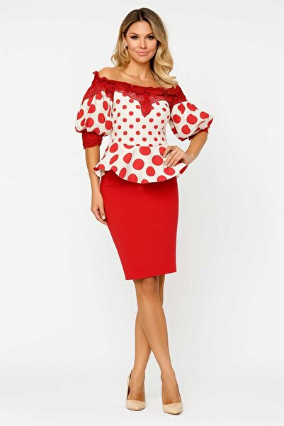 ANATOLIATEKSTILE Compleu Damă Elegant, Bluză cu Umeri Goi și Buline, Fustă Creion Roșie