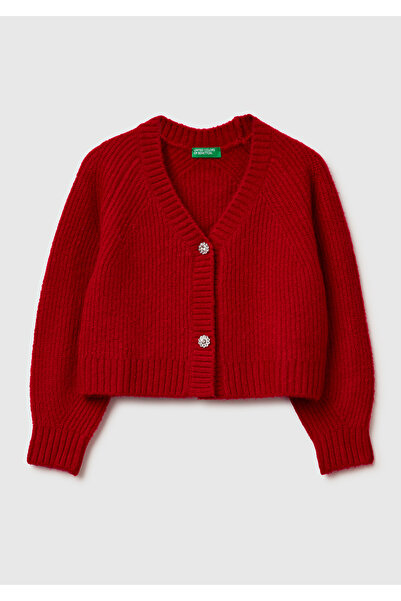 United Colors of Benetton Girl's Red Buttoned V-Neck Knitted Cardigan