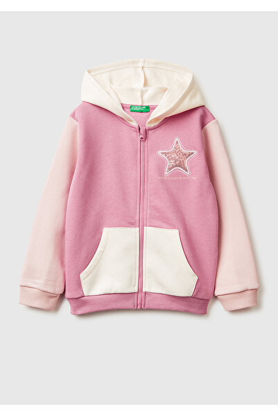 United Colors of Benetton Κοριτσίστικο Φούτερ Κρεμ-Ροζ αντίθεση χρωμάτων με π...