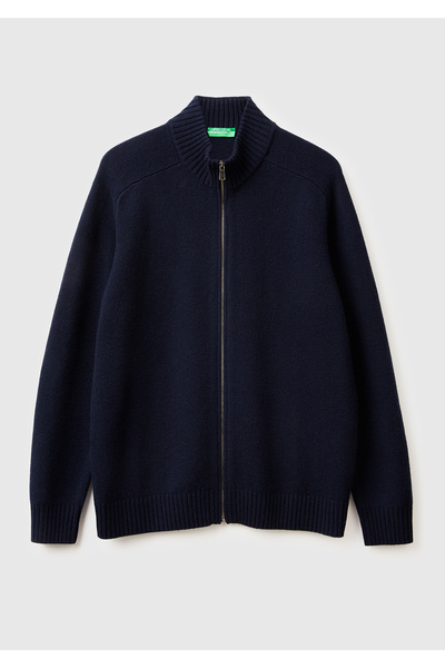 United Colors of Benetton Men's Navy Blue 100% Wool Ribbed Detailed Zippered ...