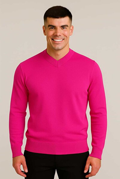 ANATOLIATEKSTILE Men's Sweater with V-Neck, Fine Knit, Slim Fit