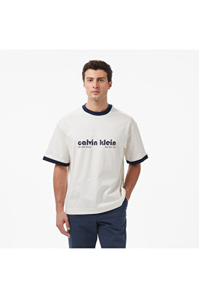 Calvin Klein Retro Logo Ringer Erkek Beyaz T-Shirt
