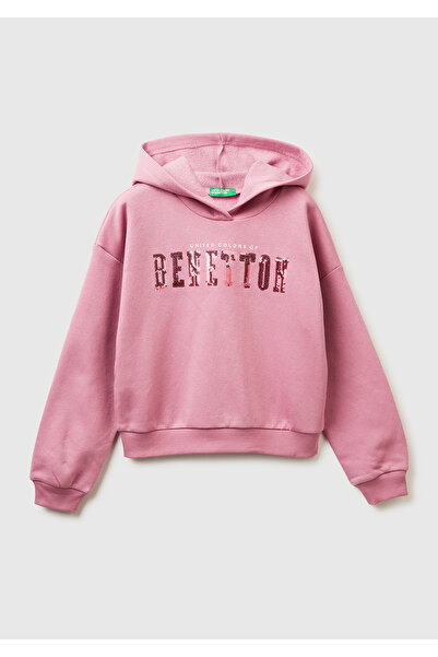 United Colors of Benetton Розова блуза с качулка за момичета, избродирана с и...