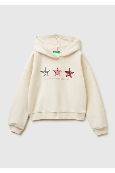 United Colors of Benetton Момичешка кафява блуза с качулка, ресни и бродерия