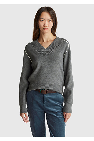 United Colors of Benetton Women's Anthracite Melange Viscose Blend Rib Detailed V-Neck Sweater