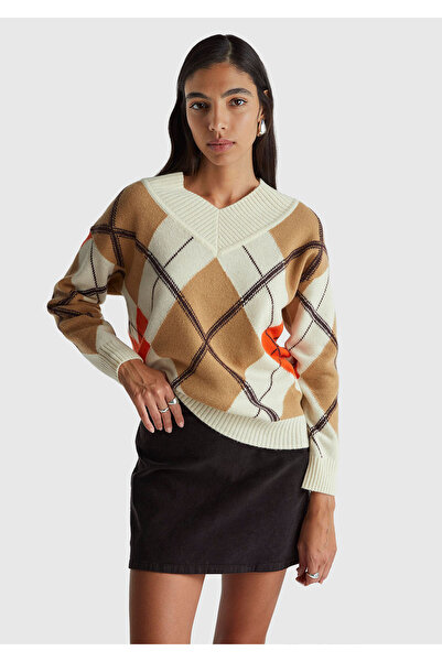 United Colors of Benetton Women's Beige Mix Wool Blend Diamond Pattern Ribbed Detailed V-Neck Sweater