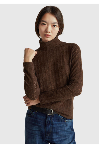 United Colors of Benetton Woman's dark brown patterned Mock Neck blouse