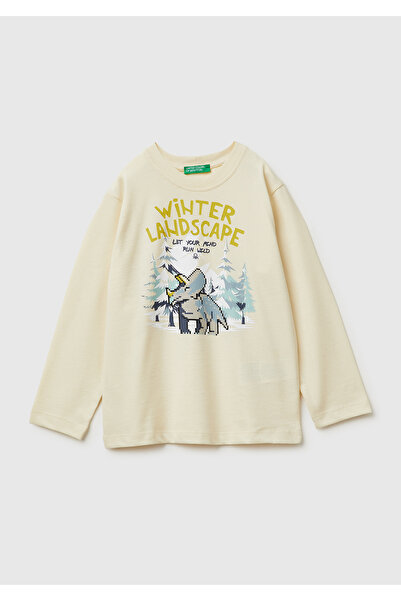 United Colors of Benetton Tricou cu mânecă lungă cu decolteu crew, cu imprime...