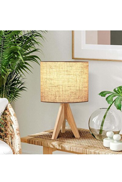 DOMEET Wood Bedside Table Lamp, Tripod Desk Lamp With Beige Linen Lampshade And On-Off Switch