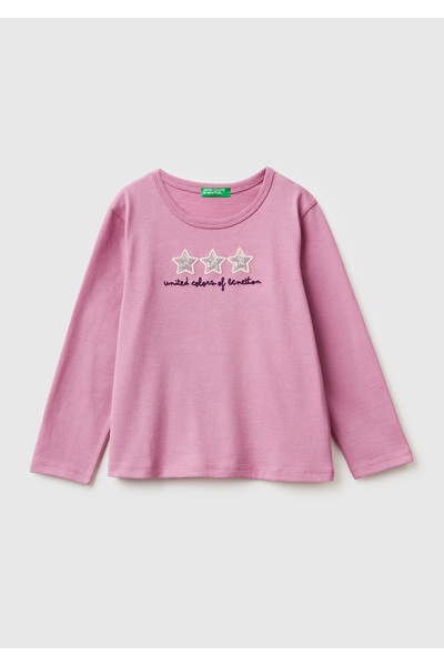 United Colors of Benetton Kız Çocuk Gül Kurusu Baskılı Payetli Regular Fit Uz...