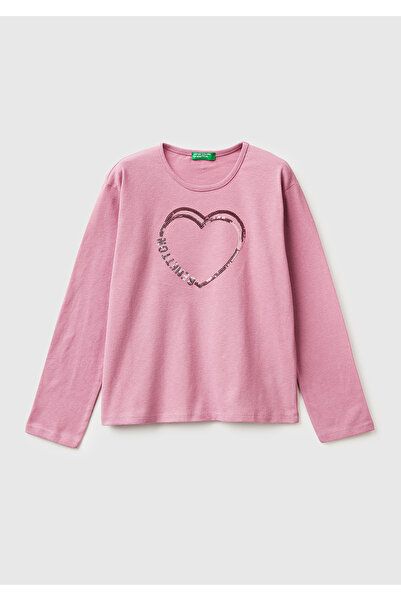 United Colors of Benetton تي شيرت بناتي بأكمام طويلة وتطريز بالترتر بتصميم غرافيك من Dusty Rose
