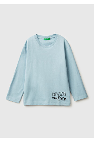 United Colors of Benetton Момчешка светлосиня тениска с дълъг ръкав и цифров ...