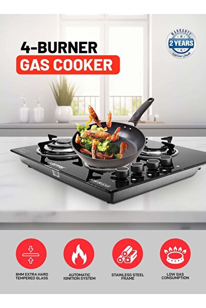 Geepas موقد غاز GK4410 بأربعة شعلات - سطح عمل من الزجاج المقوى بسمك 8 مم، إشعال تلقائي