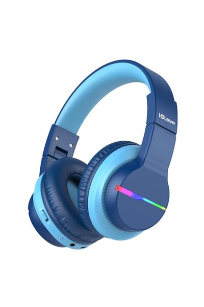 iClever Căști wireless BTH12 pentru copii, albastre, lumini LED, volum sigur, redare 85h