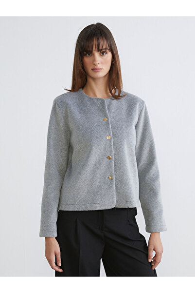 LC Waikiki Gri Bisiklet Yaka Kadın Kaşe Ceket