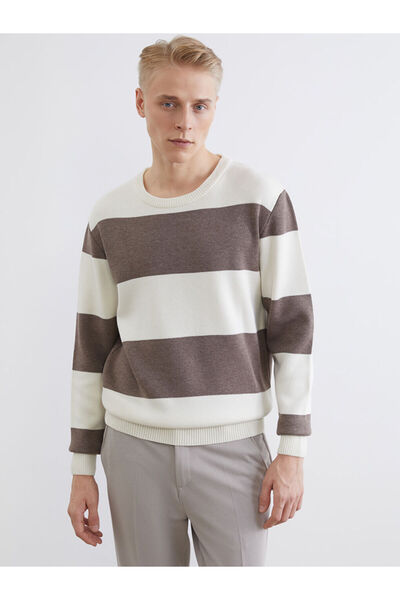 LC Waikiki Brown Crew Neck Striped Men's Knitwear Sweater